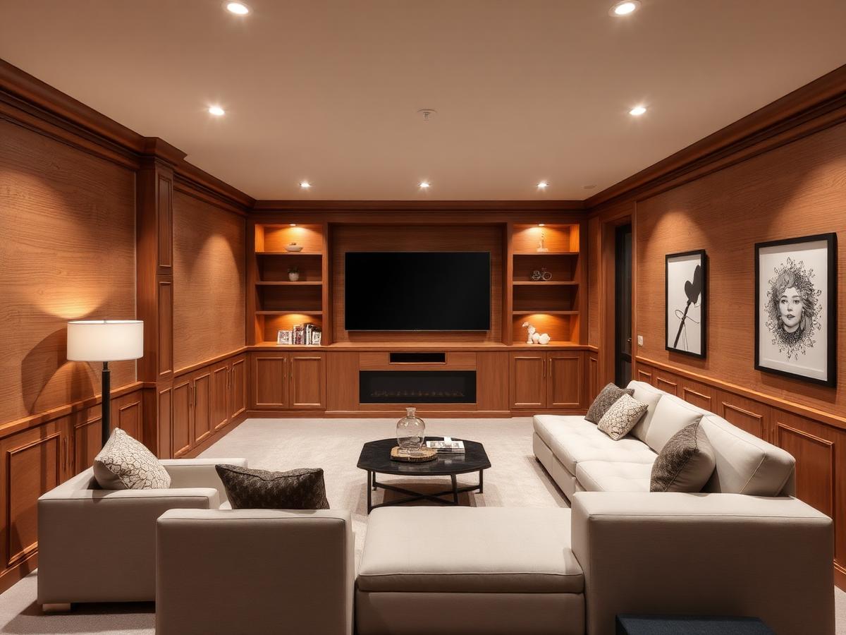 Finished Mississauga basement with warm wood panelling, built-in shelving and recessed lighting