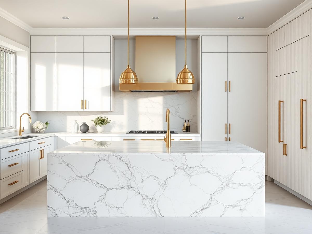 Renovated Richmond Hill kitchen with white cabinetry, a waterfall quartz island and brass fixtures
